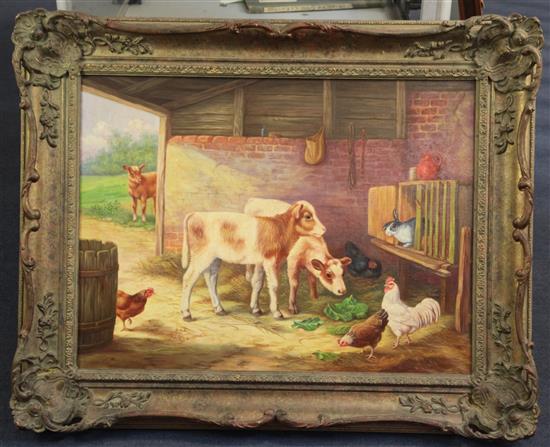 § Edgar Hunt (1876-1953) Calves and poultry in a stable 18 x 24in.